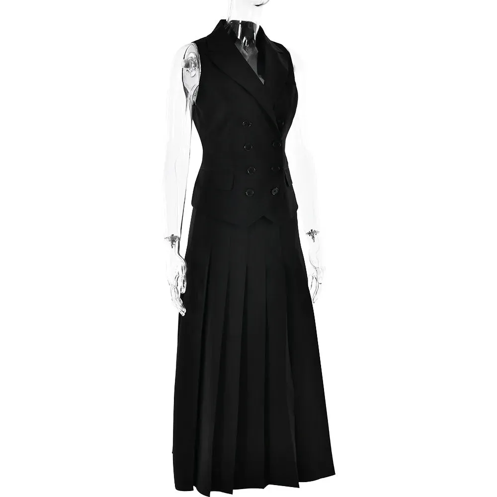 Notched Collar Pleated Skirt Suit Two Piece Sets