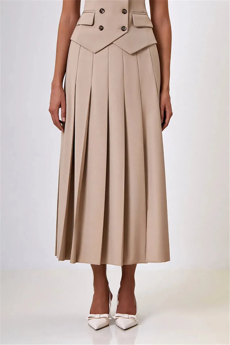 Notched Collar Pleated Skirt Suit Two Piece Sets