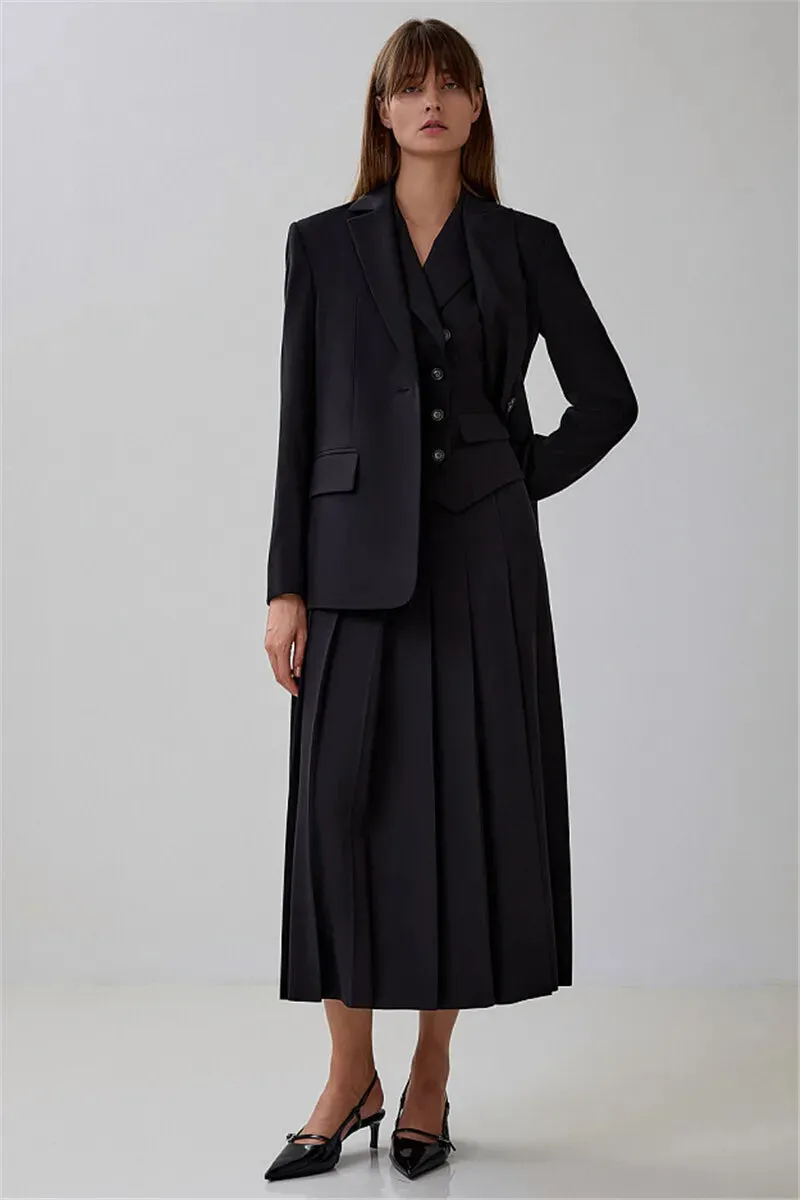 Notched Collar Pleated Skirt Suit Two Piece Sets