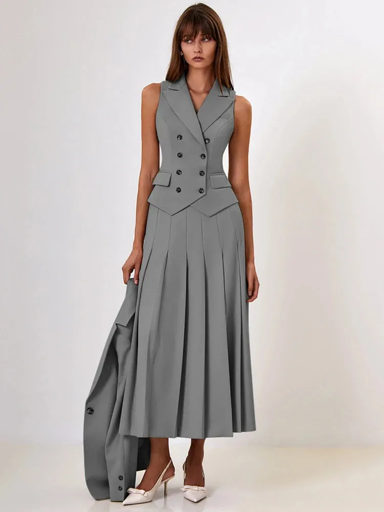 Notched Collar Pleated Skirt Suit Two Piece Sets