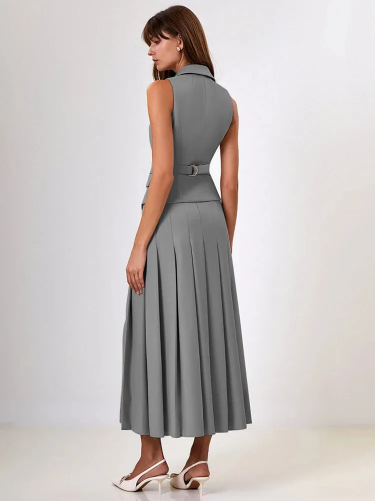 Notched Collar Pleated Skirt Suit Two Piece Sets