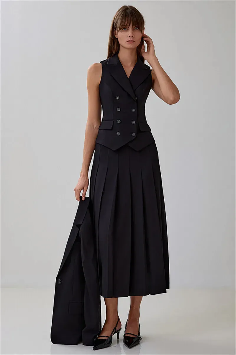 Notched Collar Pleated Skirt Suit Two Piece Sets