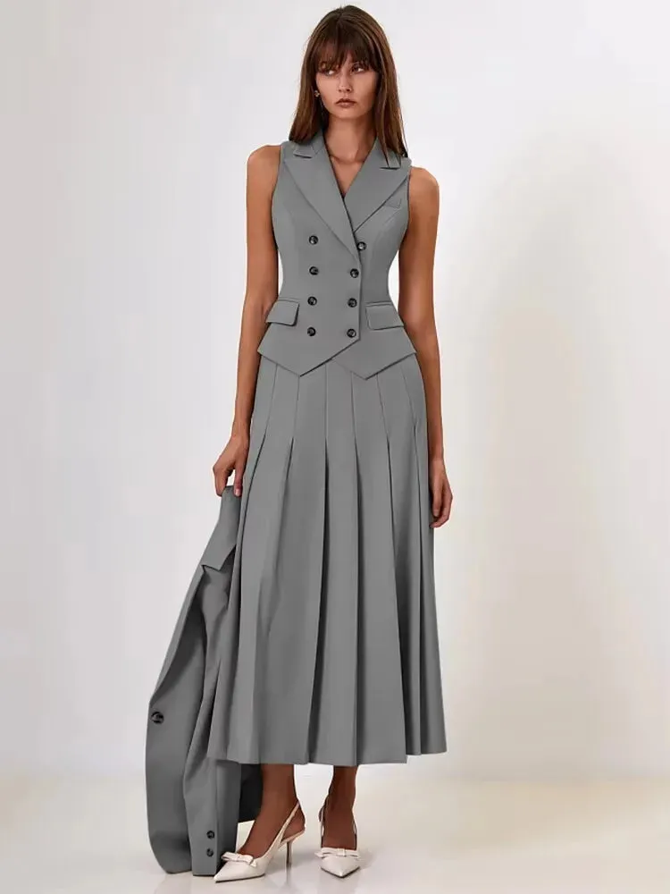 Notched Collar Pleated Skirt Suit Two Piece Sets