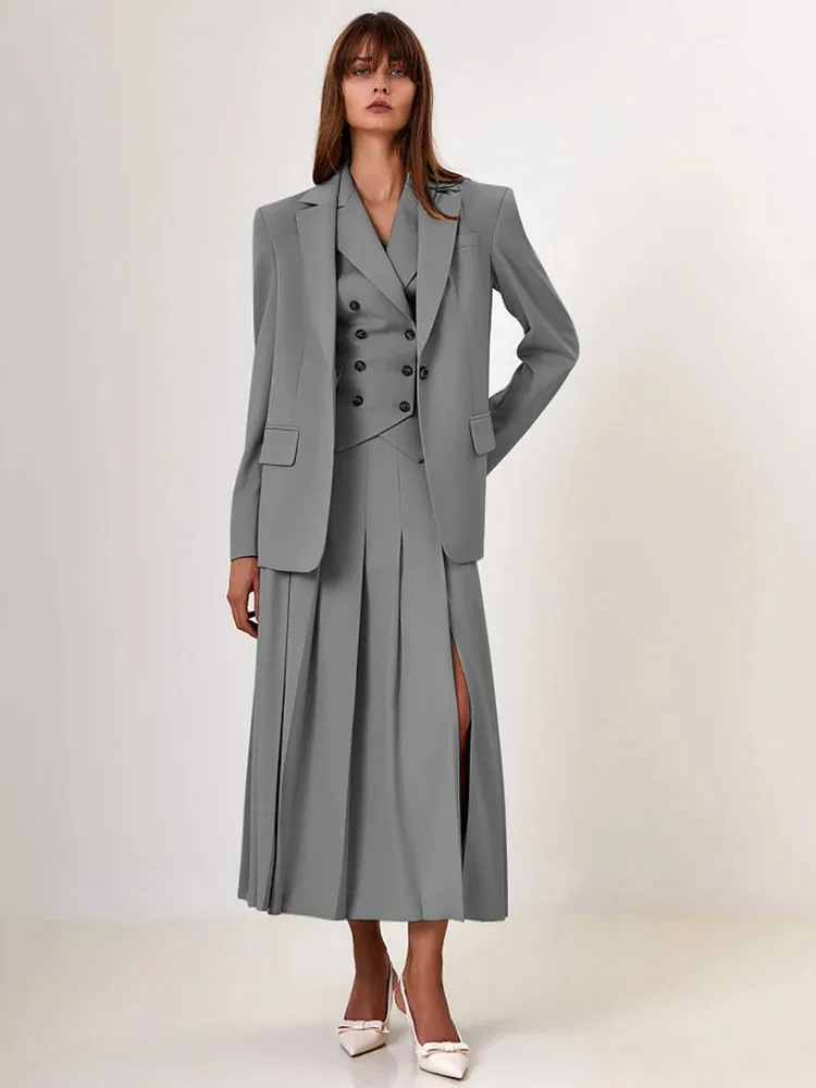 Notched Collar Pleated Skirt Suit Two Piece Sets
