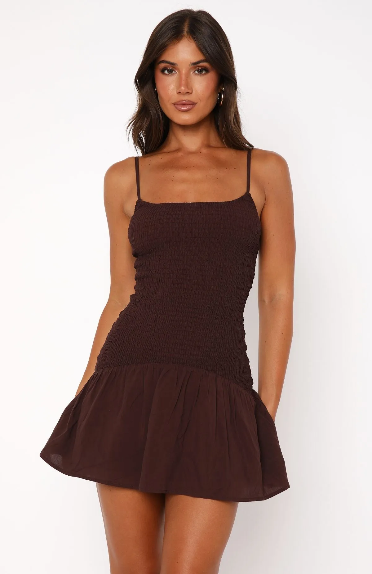 Nothing Is Over Mini Dress Chocolate Lightweight Weave Material