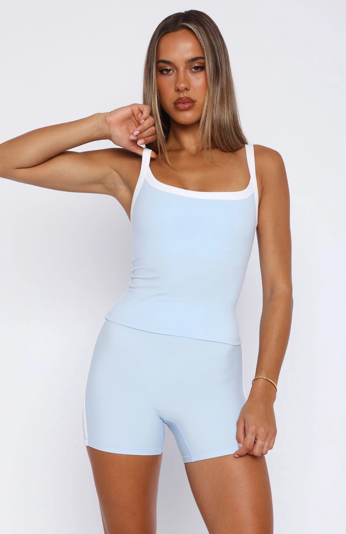Now's The Time Crop Baby Blue/White Non Restrictive Mobility Durable Color Retention