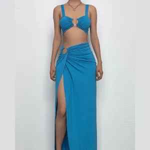 O ring ruched crop high slit cami maxi skirt set