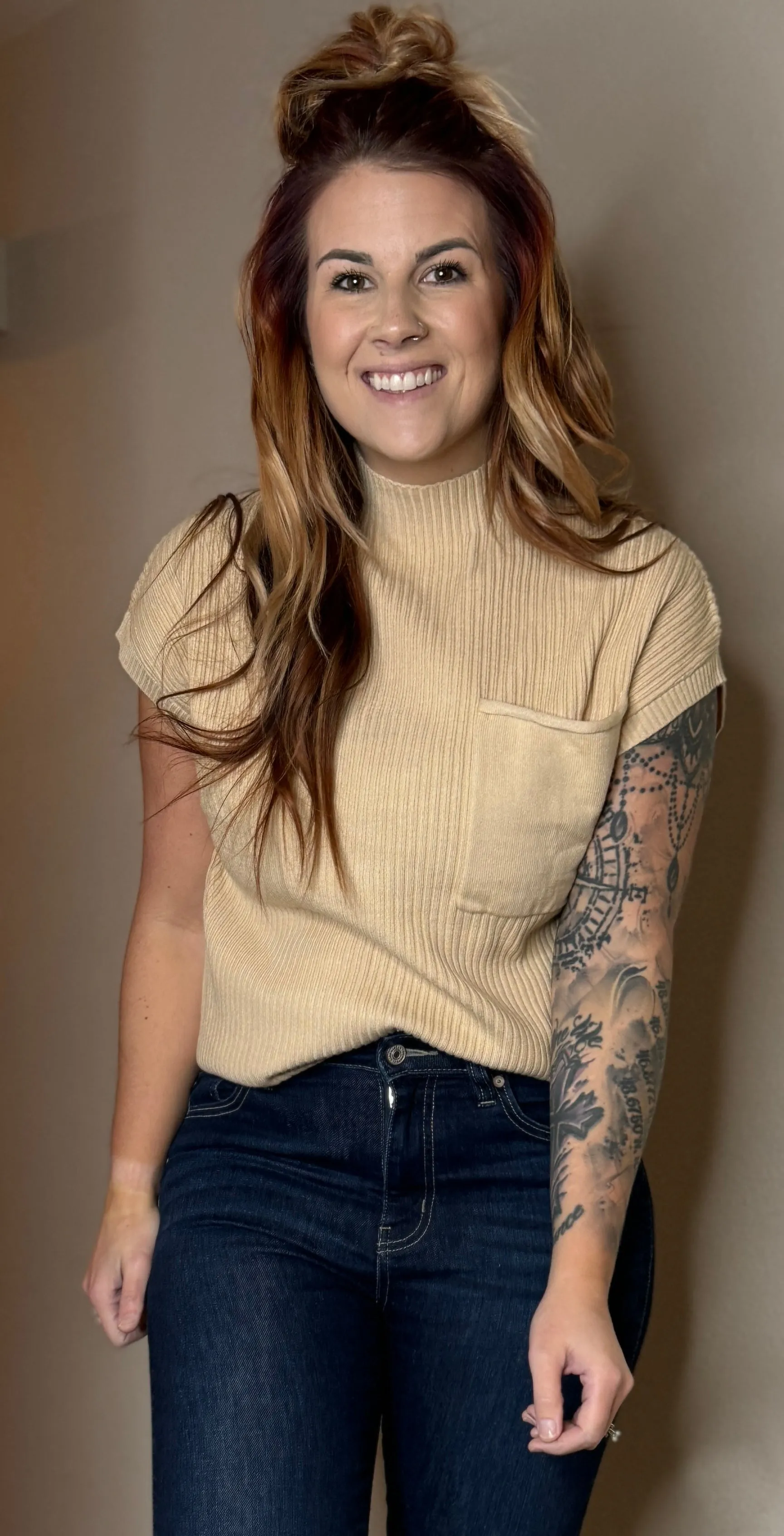 Oatmeal Ribbed Knit Short Sleeve Sweater