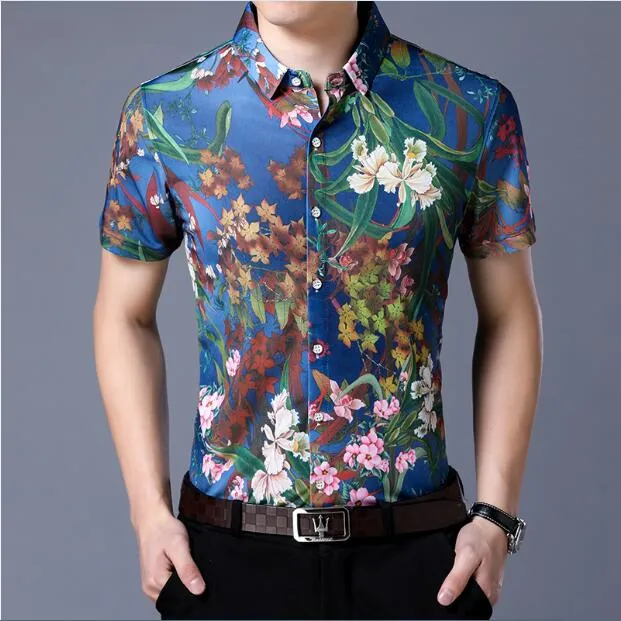 Ocean Blue in Floral Pattern Print Men Slim Fit Shirt