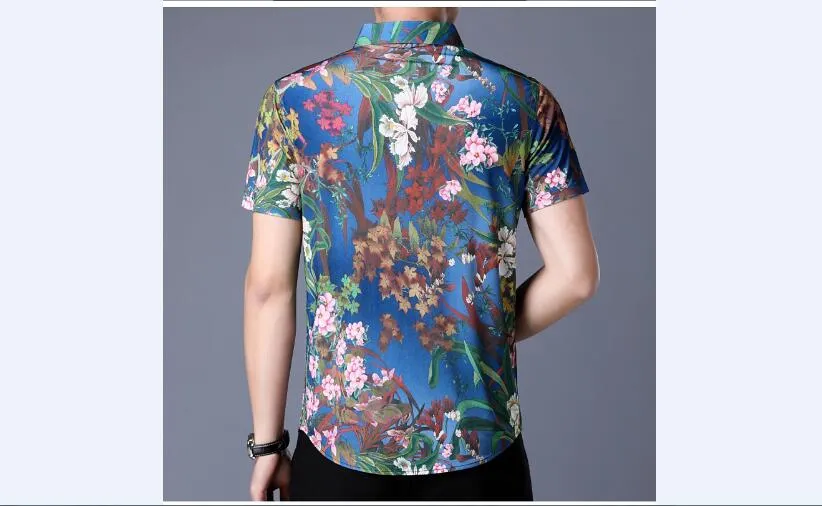 Ocean Blue in Floral Pattern Print Men Slim Fit Shirt