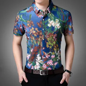 Ocean Blue in Floral Pattern Print Men Slim Fit Shirt
