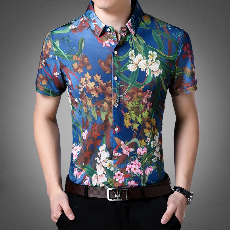 Ocean Blue in Floral Pattern Print Men Slim Fit Shirt