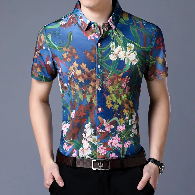 Ocean Blue in Floral Pattern Print Men Slim Fit Shirt