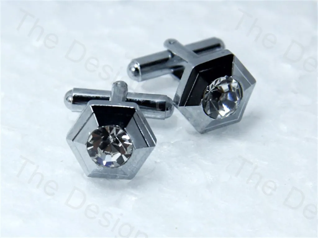 Octagon Rising Edge and Stone Design Silver Metallic Cufflinks