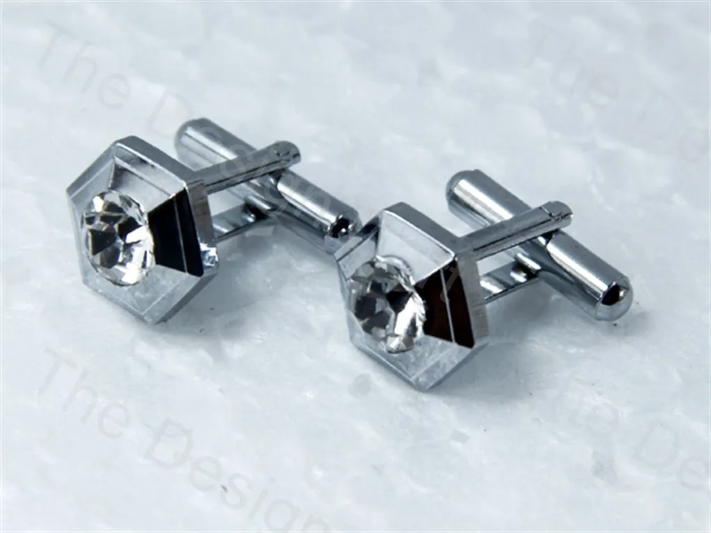 Octagon Rising Edge and Stone Design Silver Metallic Cufflinks