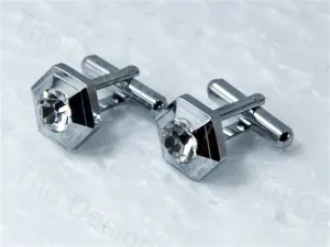 Octagon Rising Edge and Stone Design Silver Metallic Cufflinks
