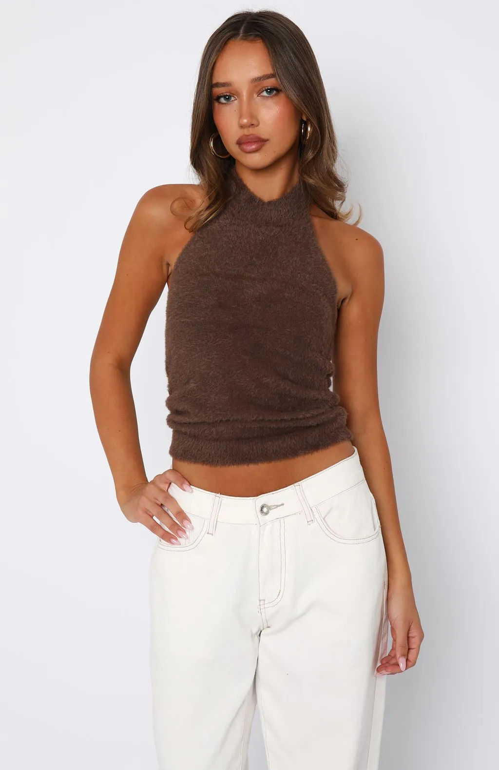 WrinkleResistantFinish Double Layered Hem Hot Stuff Halter Knit Top Mocha