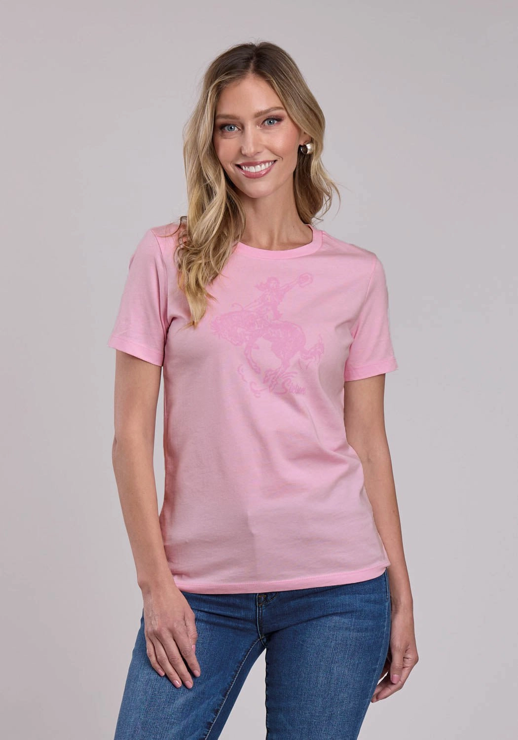 Moisture Management Tech Stetson Womens Lady Bronc Rider Pink 100% Cotton S/S T-Shirt