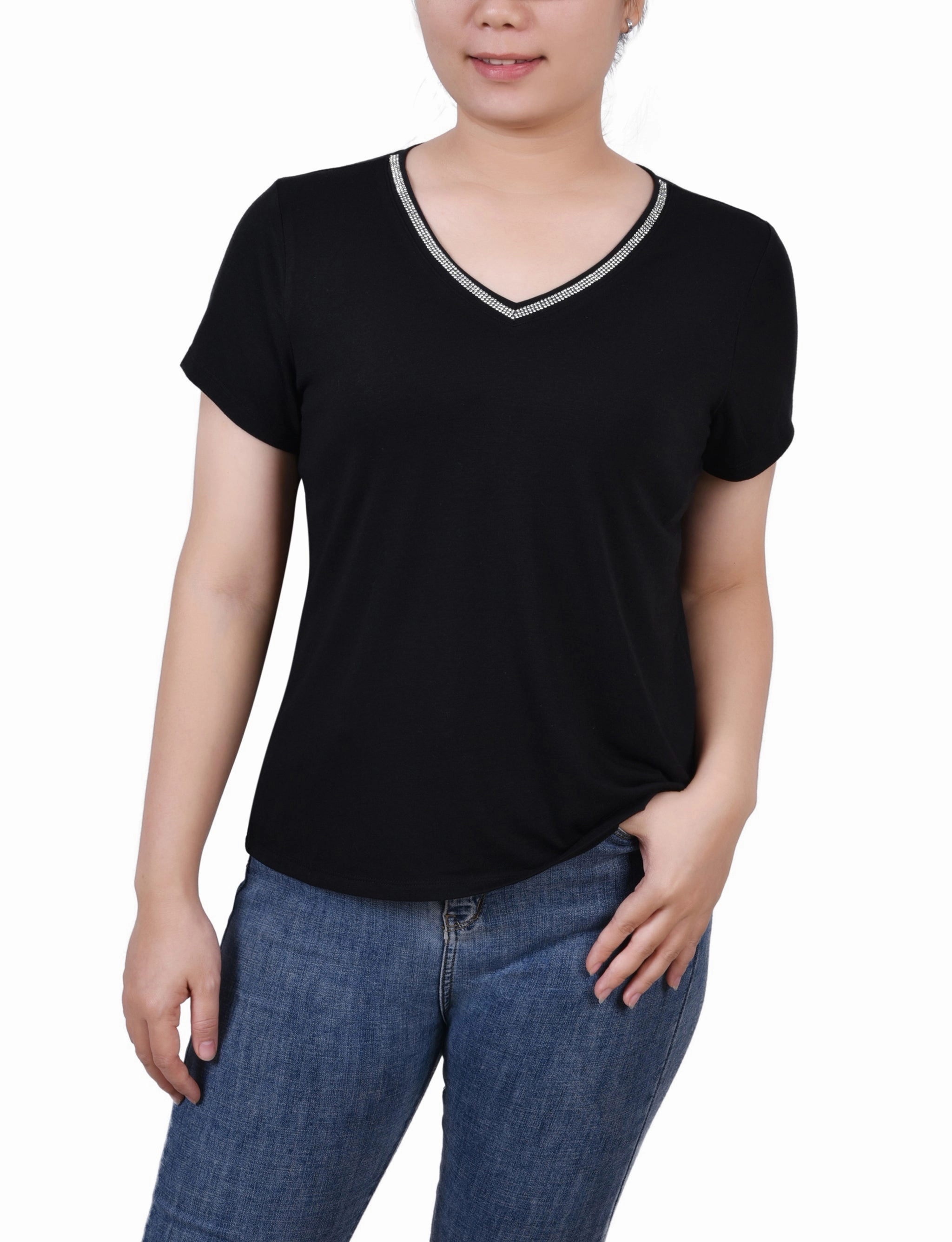 Petite Short Sleeve Top With Stone Details Stretch Comfort WaffleWeave