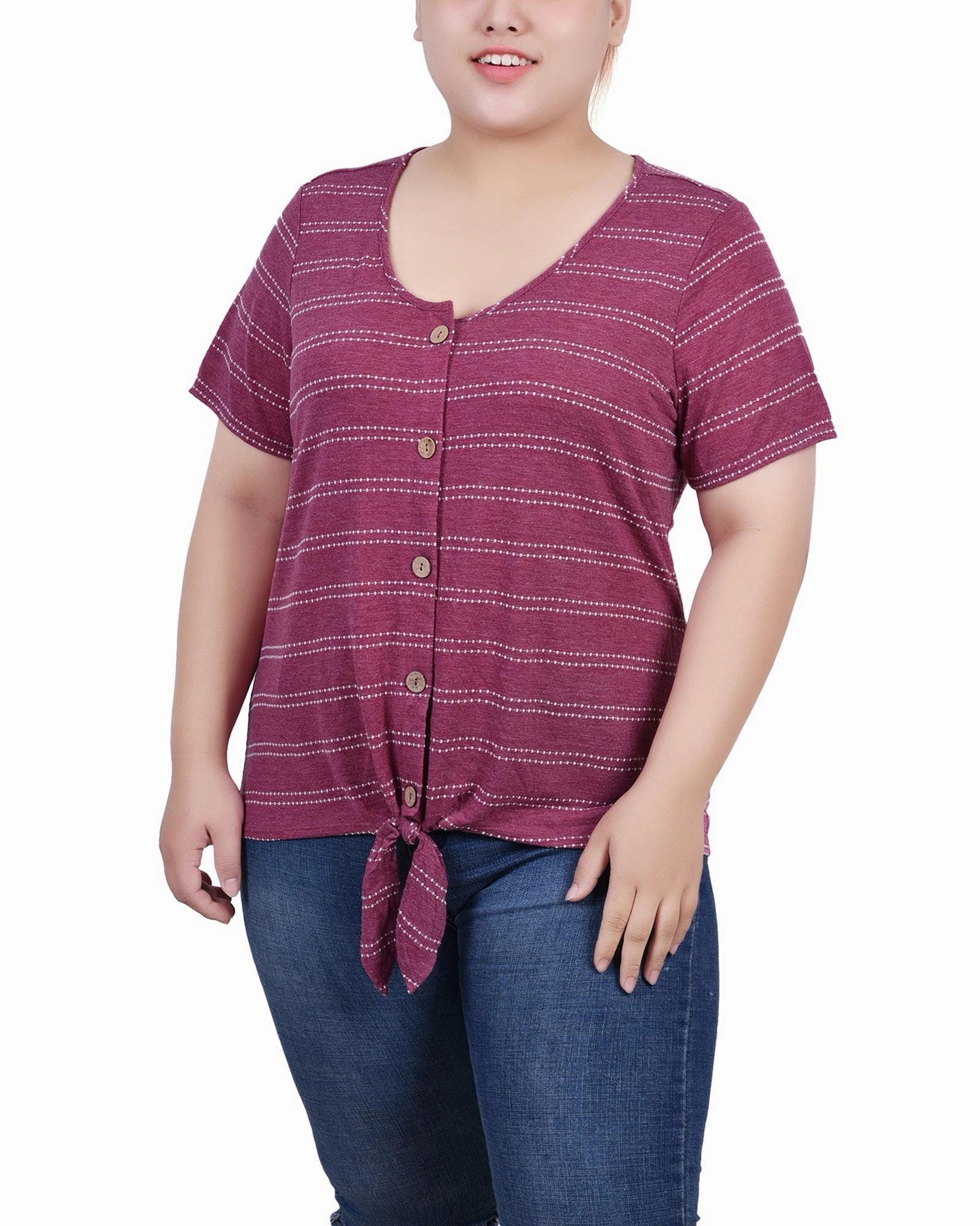 Plus Size Short Sleeve Tie Front Top Slim Silhouette