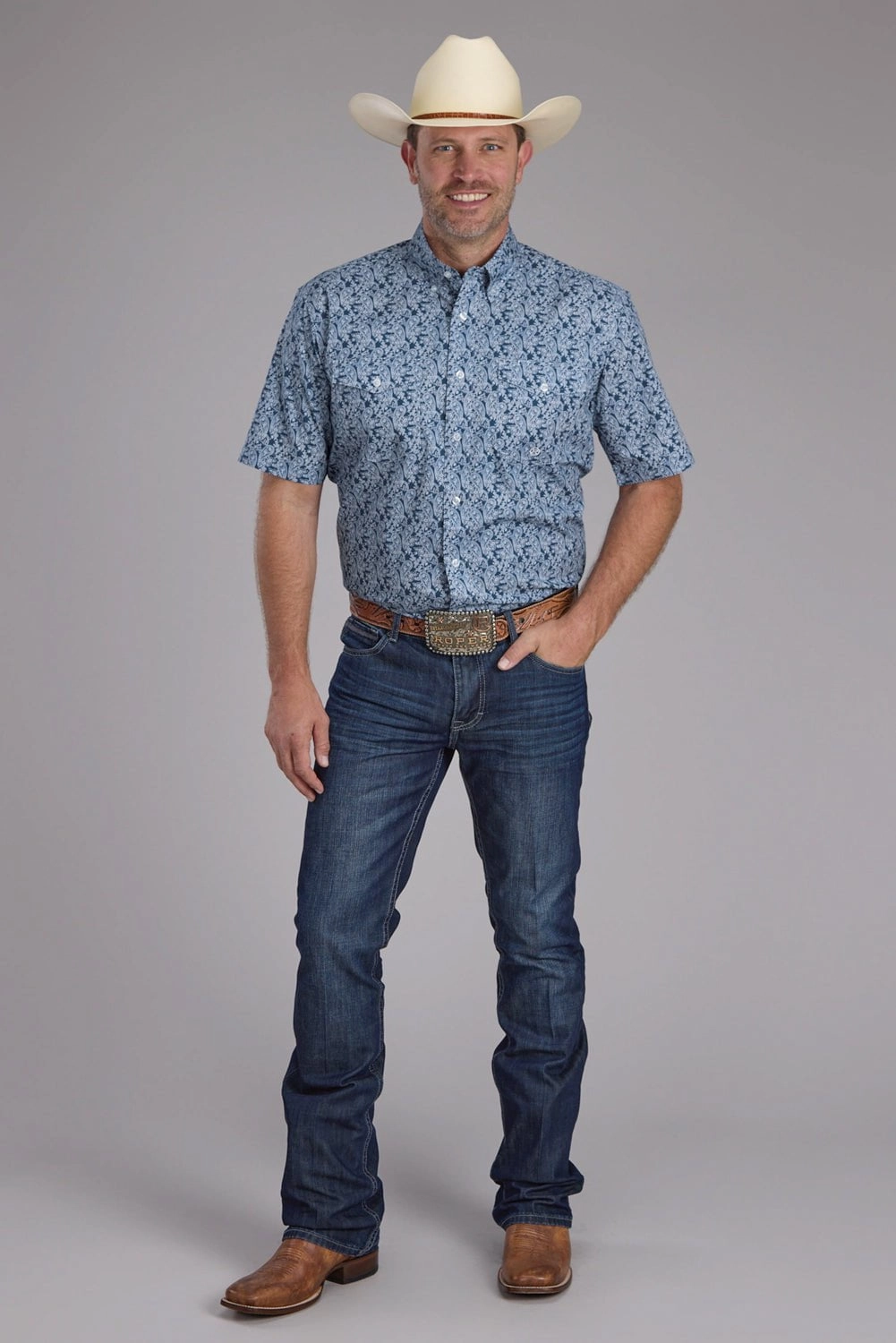 Anti Pill Technology Easy Fit Roper Mens 2379 Prairie Paisley Blue 100% Cotton Btn S/S Shirt