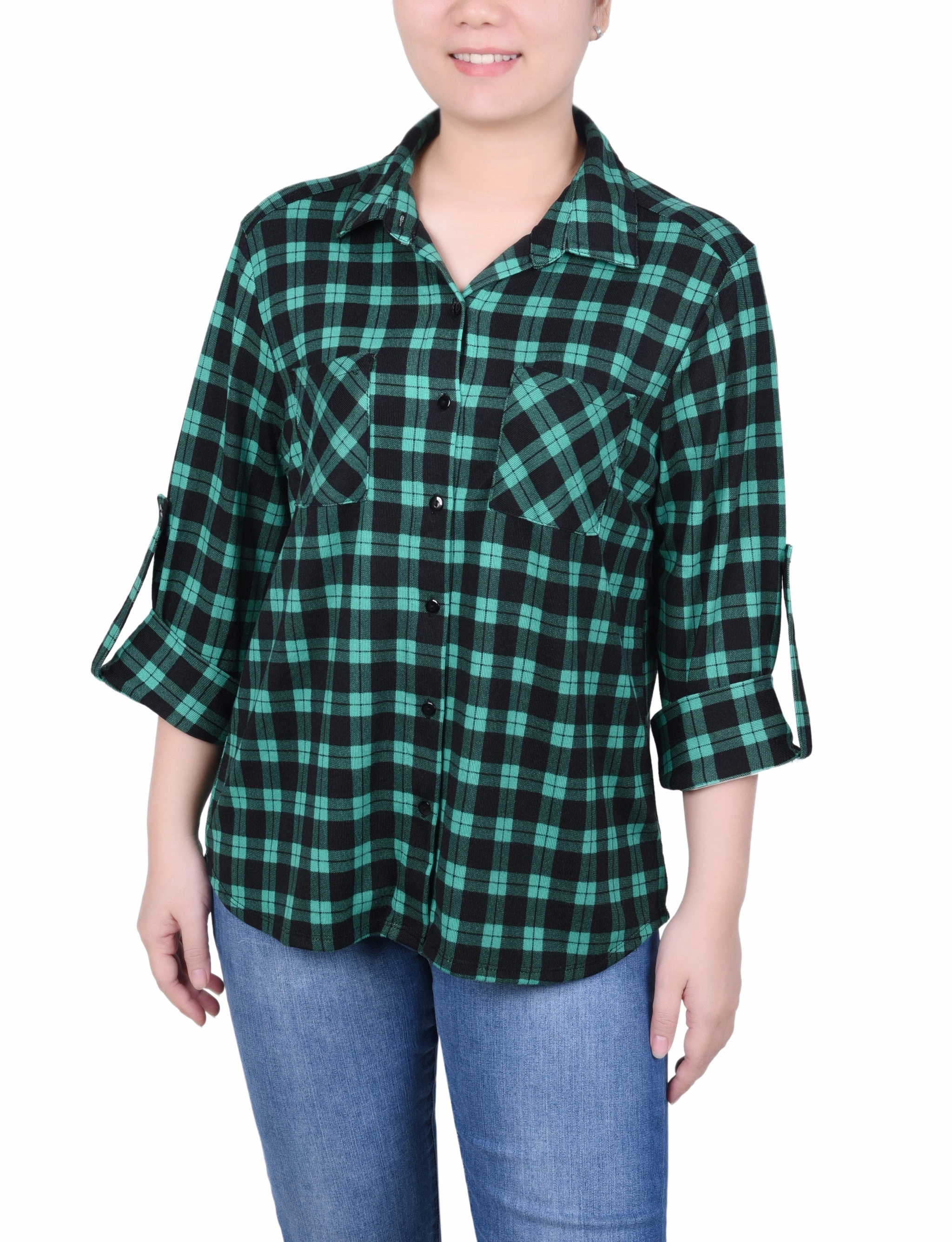 Yarn Dyed Stripes Long Sleeve Button Front Tunic Top