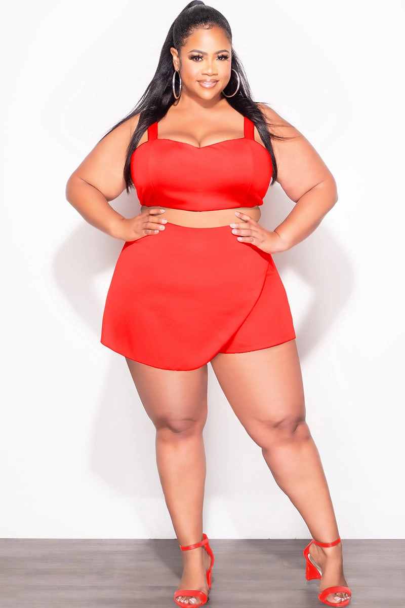 Final Sale Plus Size 2pc Strapless Crop Top and Skort Set in Dark Coral Travel-Ready