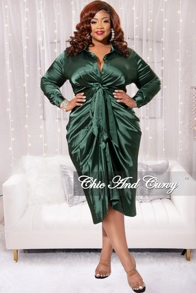 Final Sale Plus Size Satin Collar Button Up Dress with Waist Tie and Ruched Bottom in Green Body Movement
