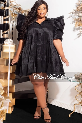 Final Sale Plus Size Puffy Sleeve 3-Tiered Button Up Collar Baby Doll Dress in Black Laser Cut Edges Durable Comfort