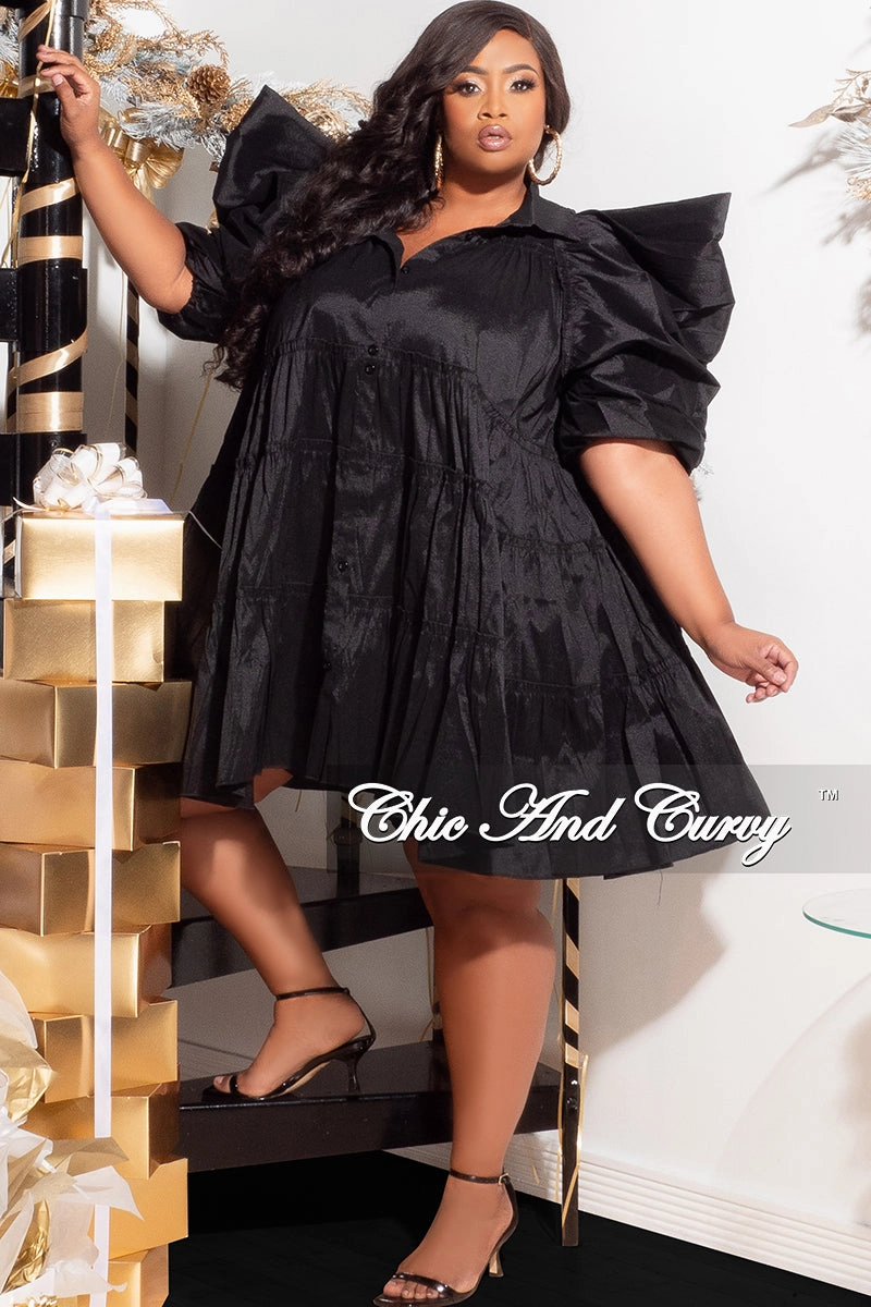 Breathable fabric Breath Fit Final Sale Plus Size Puffy Sleeve 3-Tiered Button Up Collar Baby Doll Dress in Black