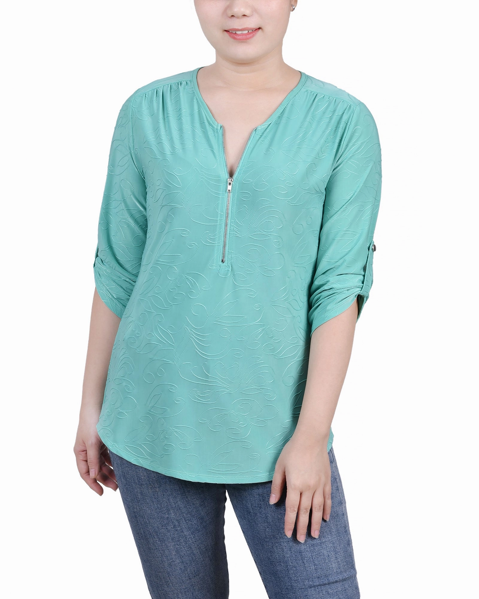 Breathable fabric Petite 3/4 Roll Tab Zip Front Jacquard Knit Top