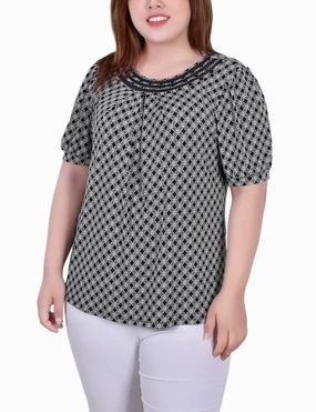 Layered Hem Reinforcement EasyCareFabric Plus Size Short Puff Sleeve Sheer Inset Top