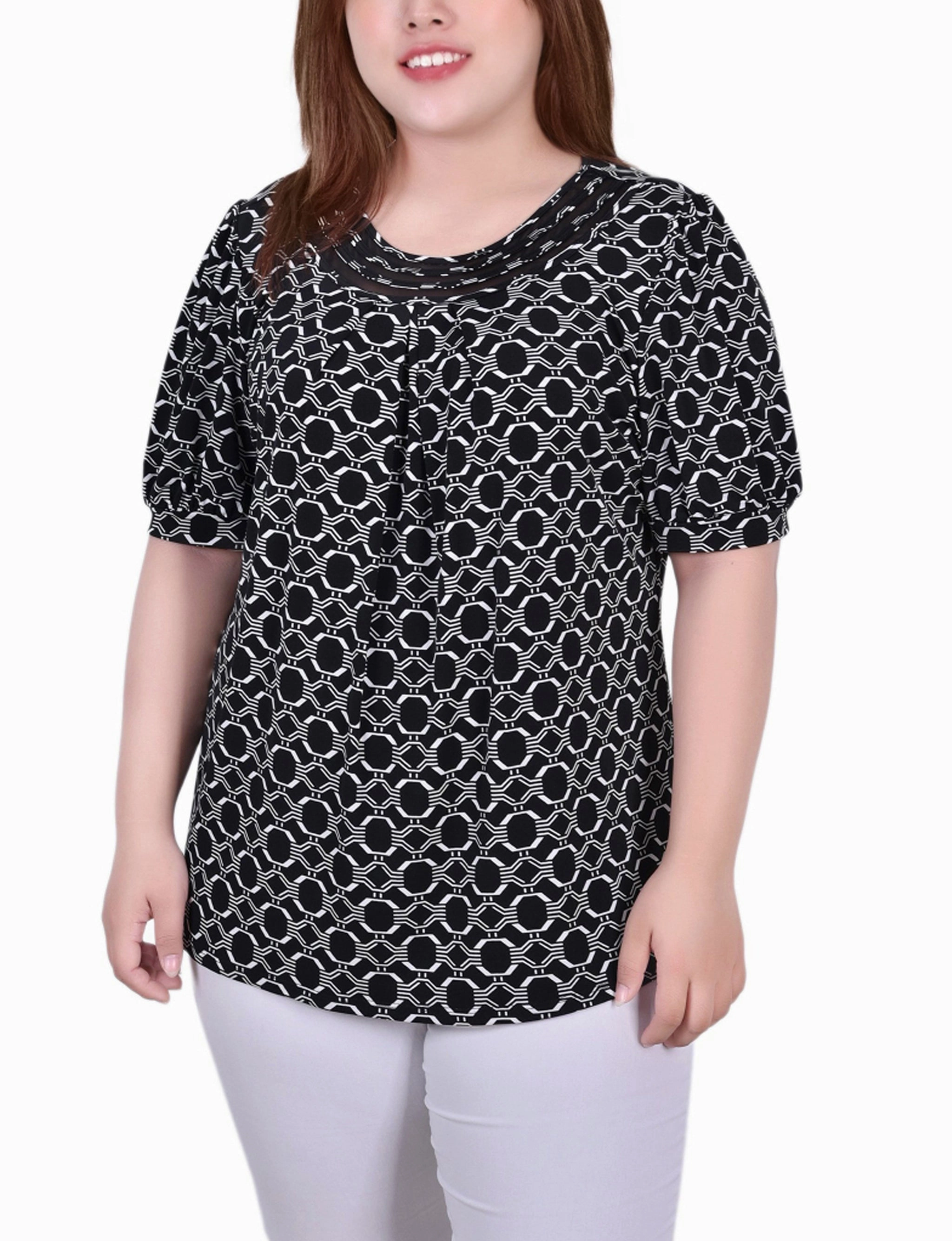 Anti Fade Technology Plus Size Short Puff Sleeve Sheer Inset Top