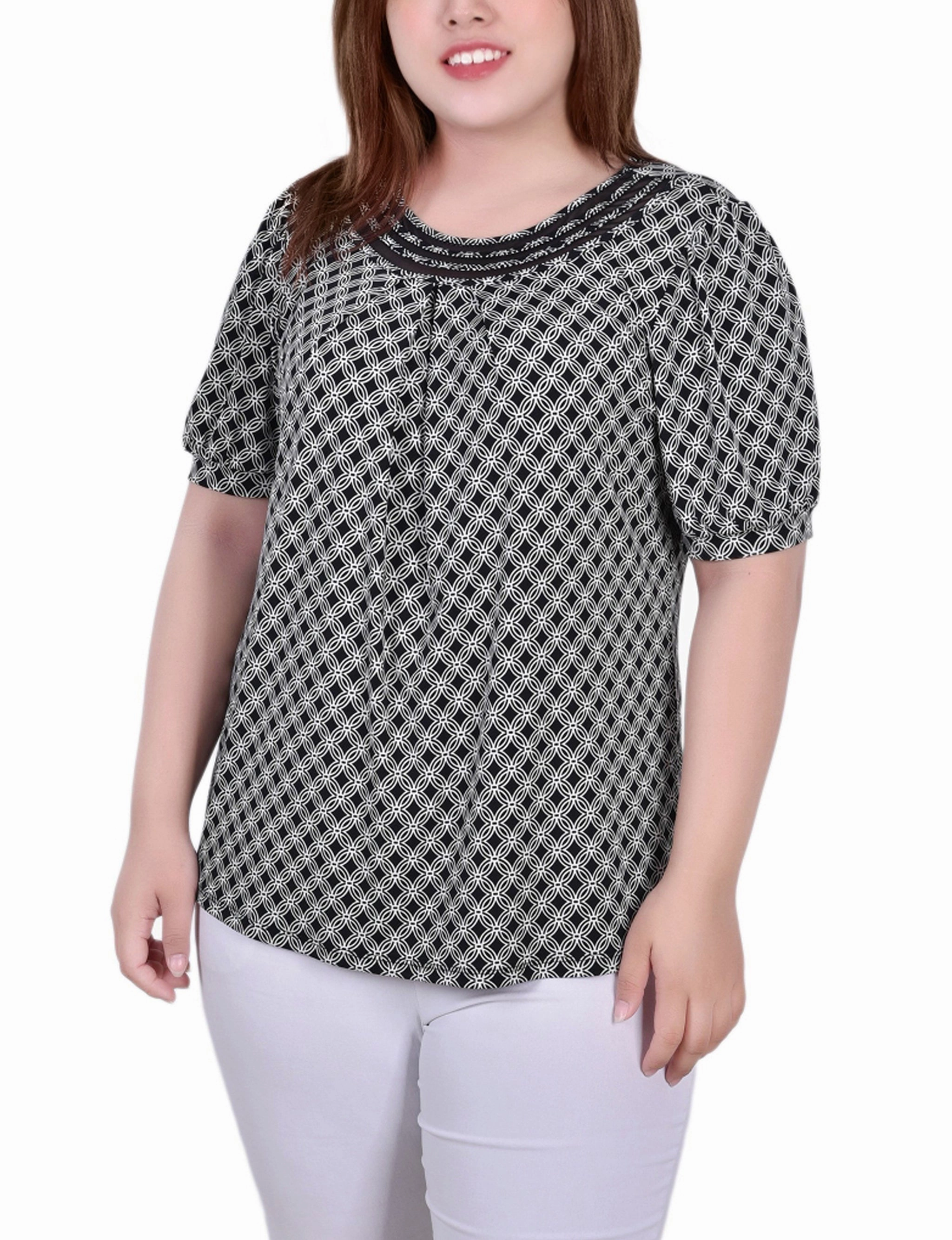 Basic Dress Plus Size Short Puff Sleeve Sheer Inset Top