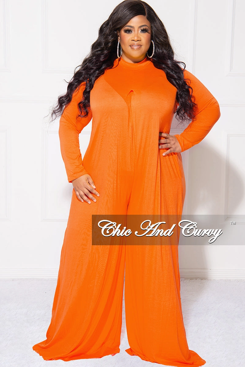 Final Sale Plus Size Long Sleeve Wide Leg Jumpsuit in Orange MachineWashable