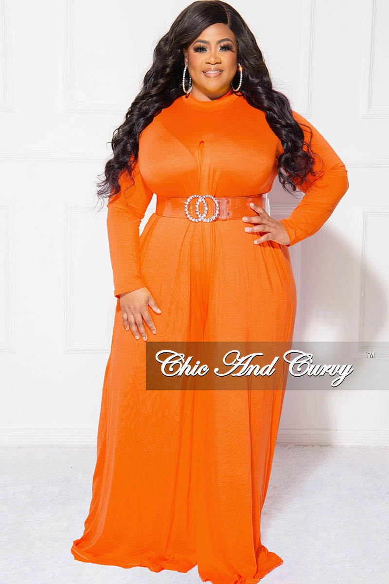 Final Sale Plus Size Long Sleeve Wide Leg Jumpsuit in Orange Soft Design