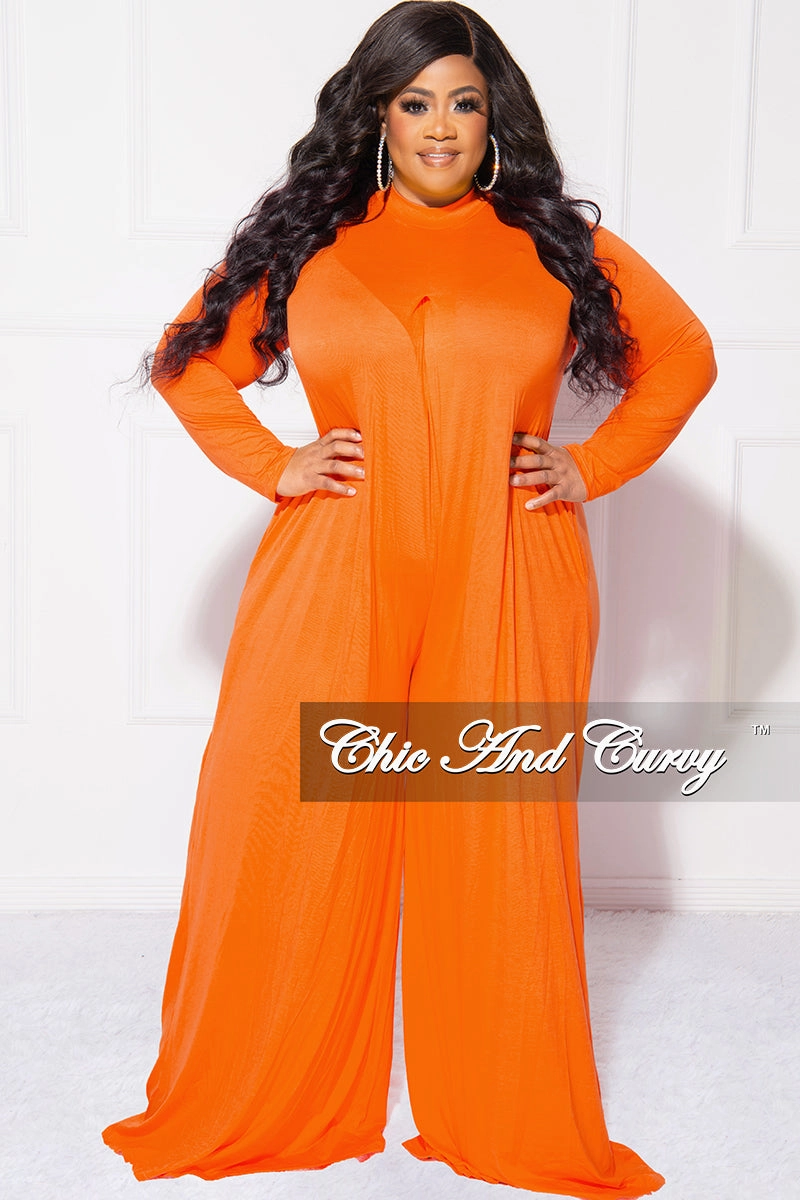 Printed design Ultra Soft Blend Final Sale Plus Size Long Sleeve Wide Leg Jumpsuit in Orange