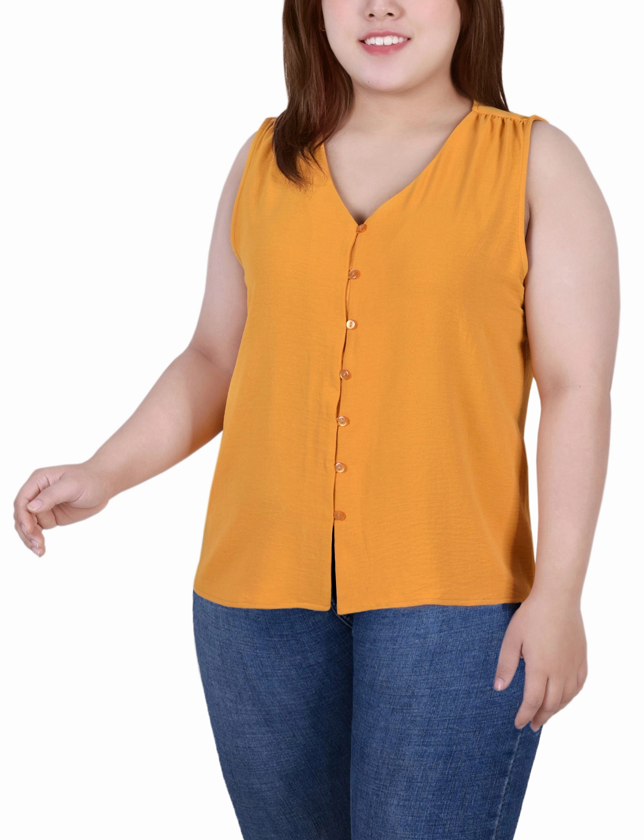 Airflow Optimized Weave Plus Size Sleeveless Button Front Blouse