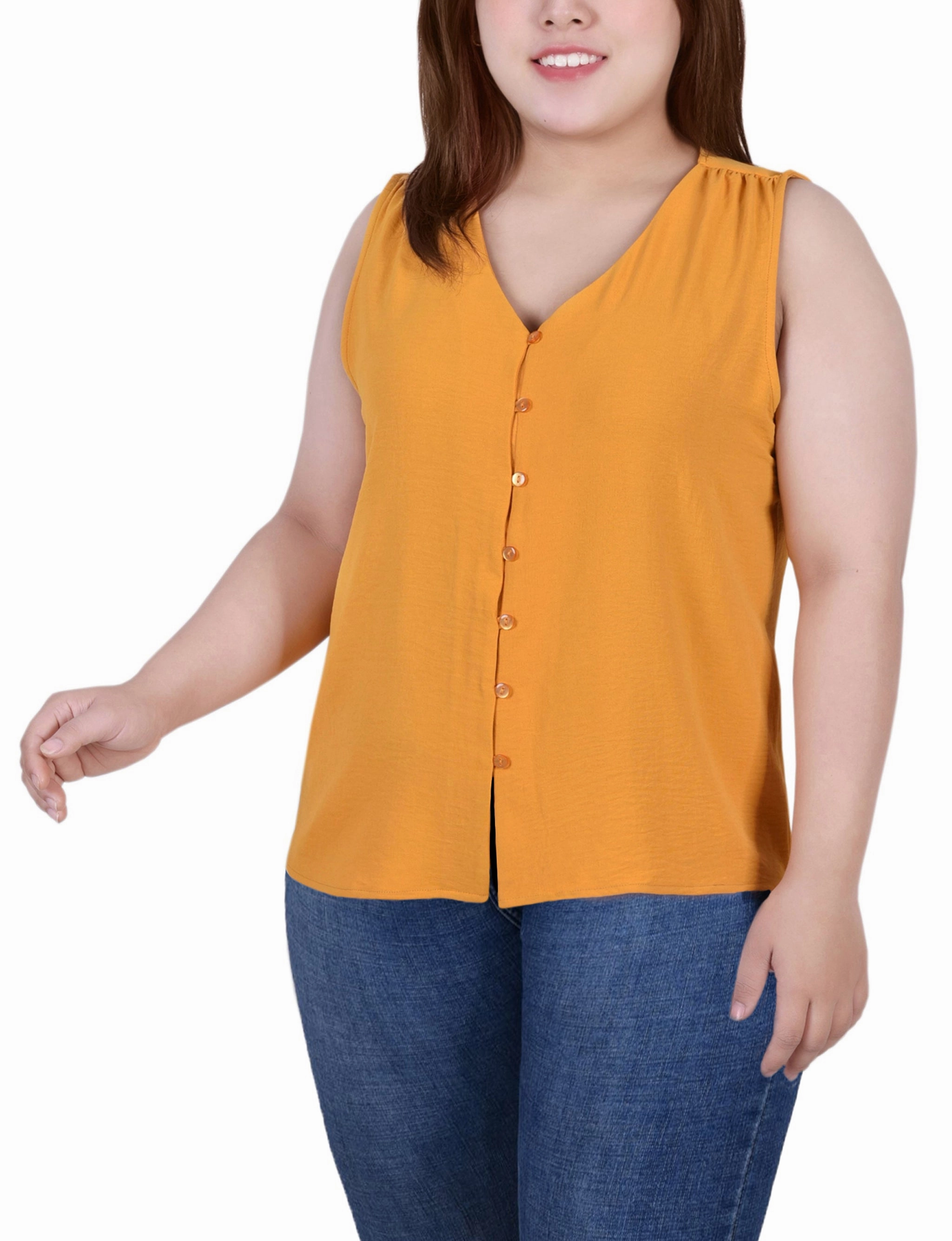 Office Attire AntiPill Texture Plus Size Sleeveless Button Front Blouse