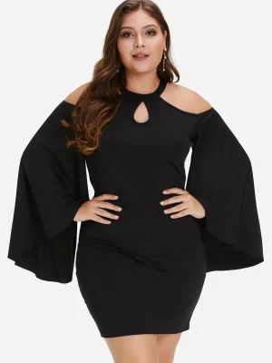 OEM ODM Crew Neck Cold Shoulder Plain Cut Out Long Sleeve Black Plus Size Dress