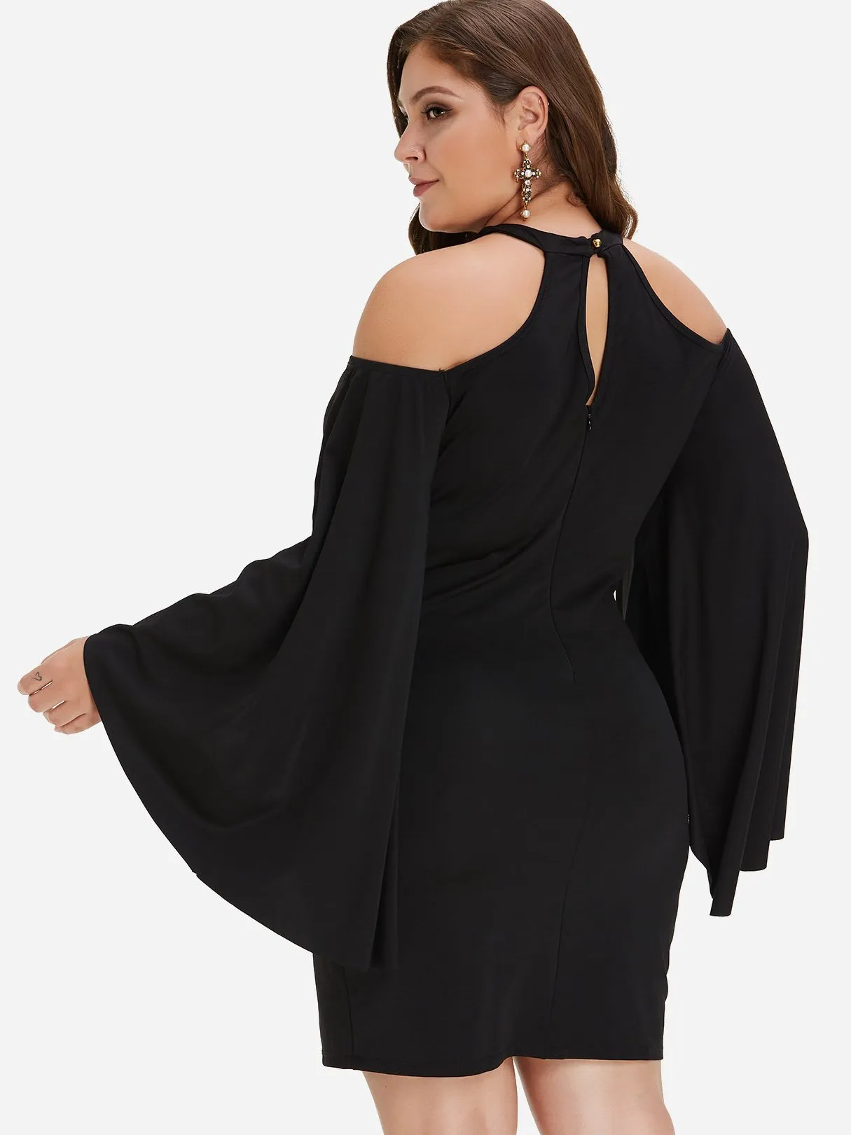 OEM ODM Crew Neck Cold Shoulder Plain Cut Out Long Sleeve Black Plus Size Dress