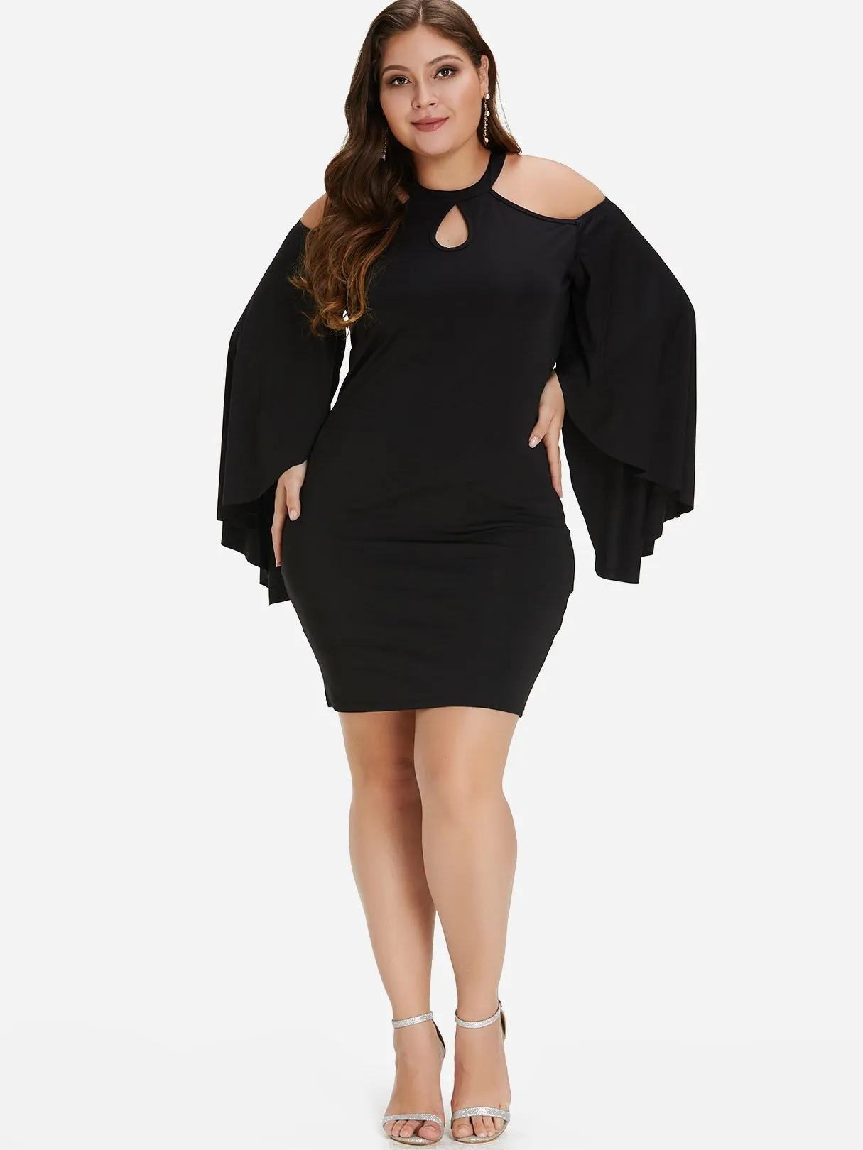 OEM ODM Crew Neck Cold Shoulder Plain Cut Out Long Sleeve Black Plus Size Dress