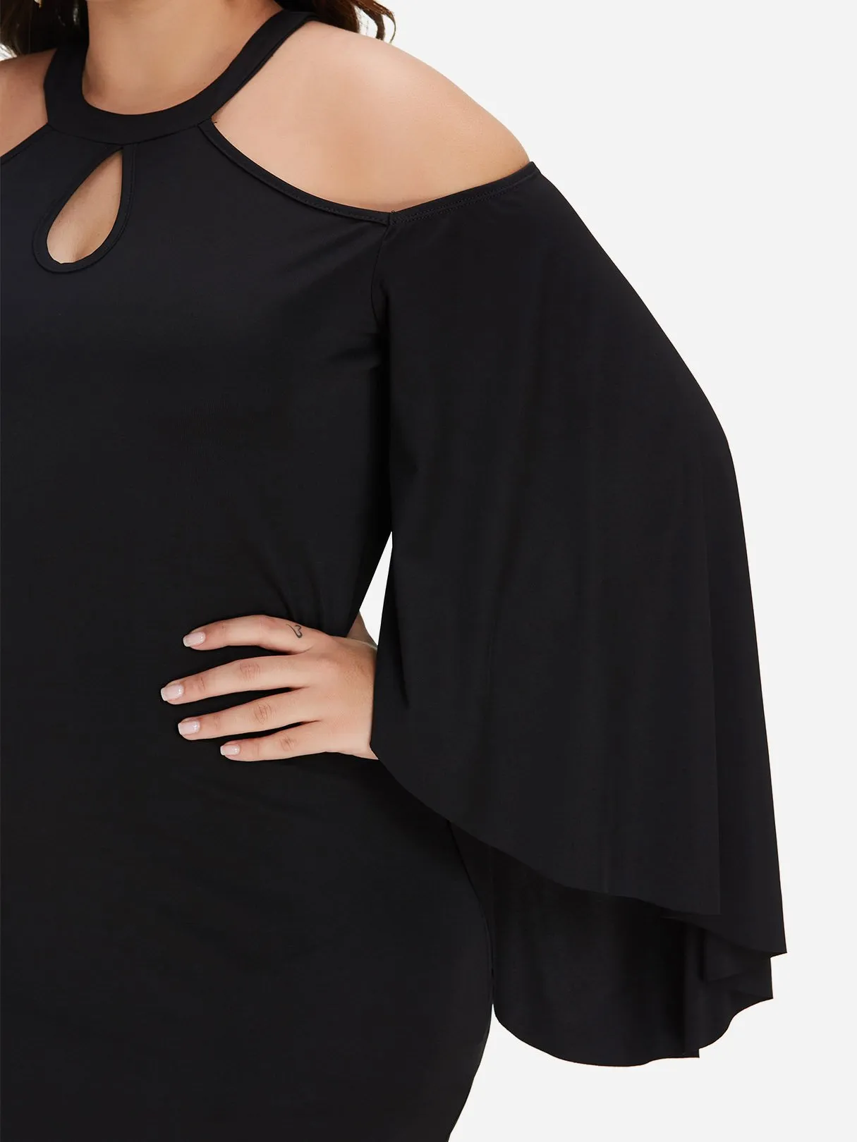OEM ODM Crew Neck Cold Shoulder Plain Cut Out Long Sleeve Black Plus Size Dress