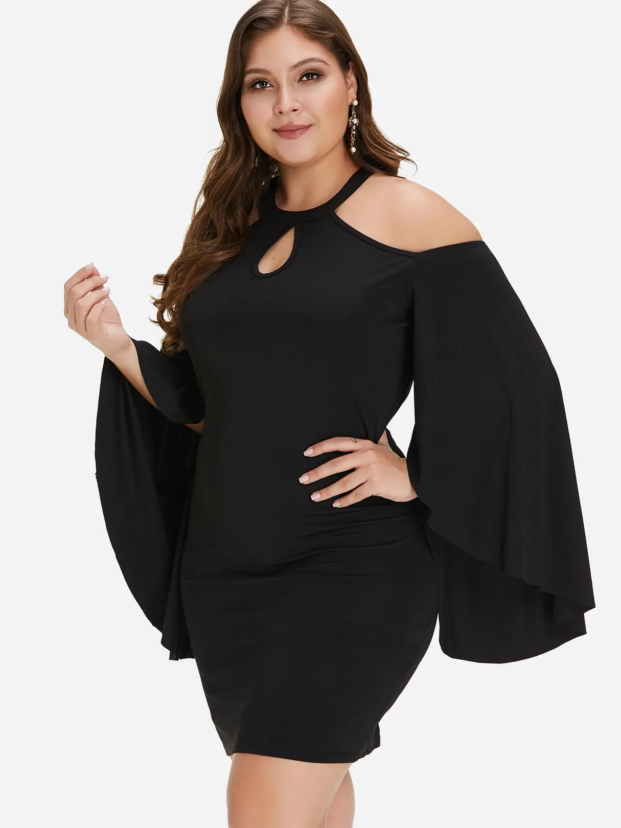 OEM ODM Crew Neck Cold Shoulder Plain Cut Out Long Sleeve Black Plus Size Dress