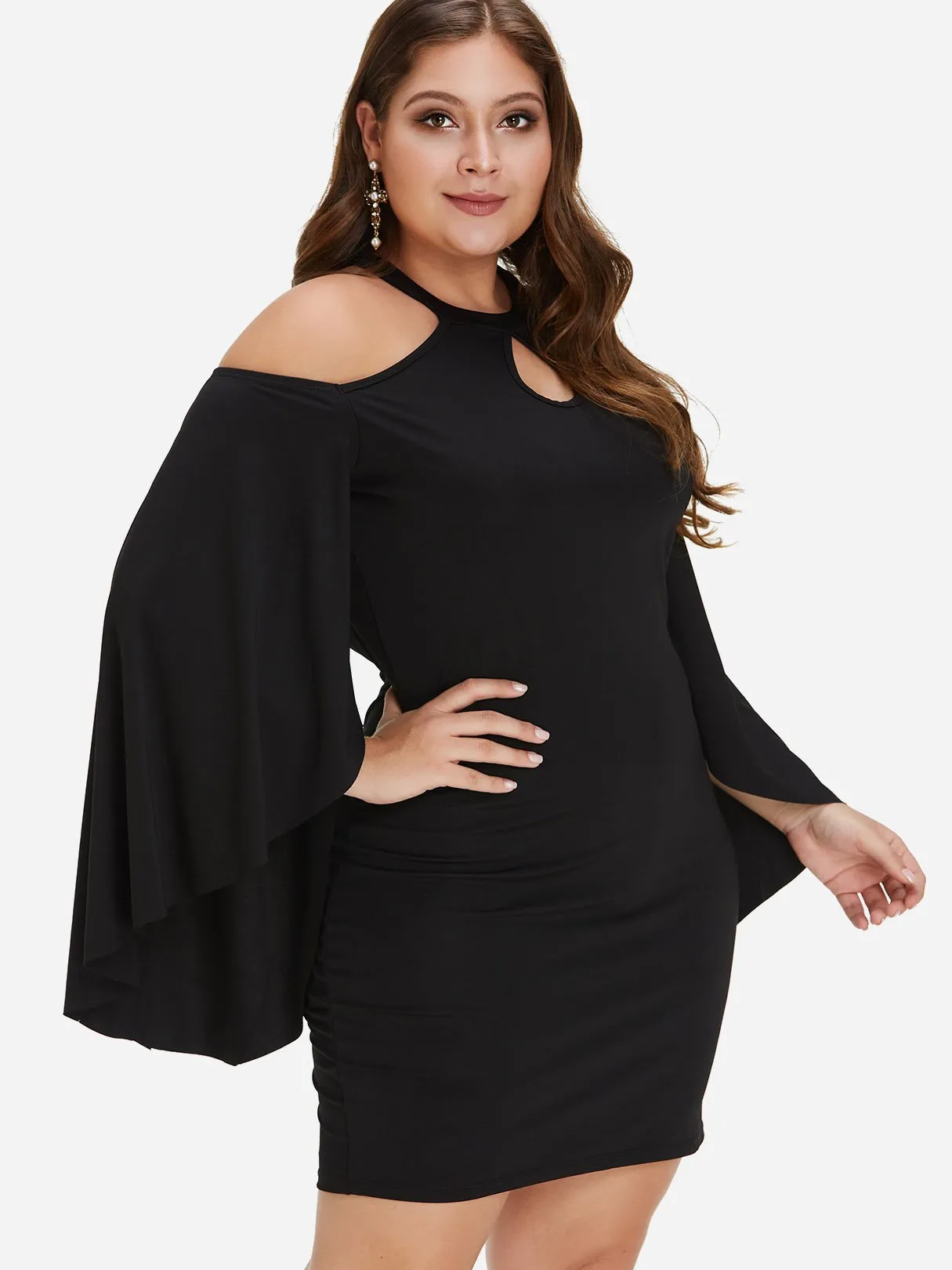 OEM ODM Crew Neck Cold Shoulder Plain Cut Out Long Sleeve Black Plus Size Dress