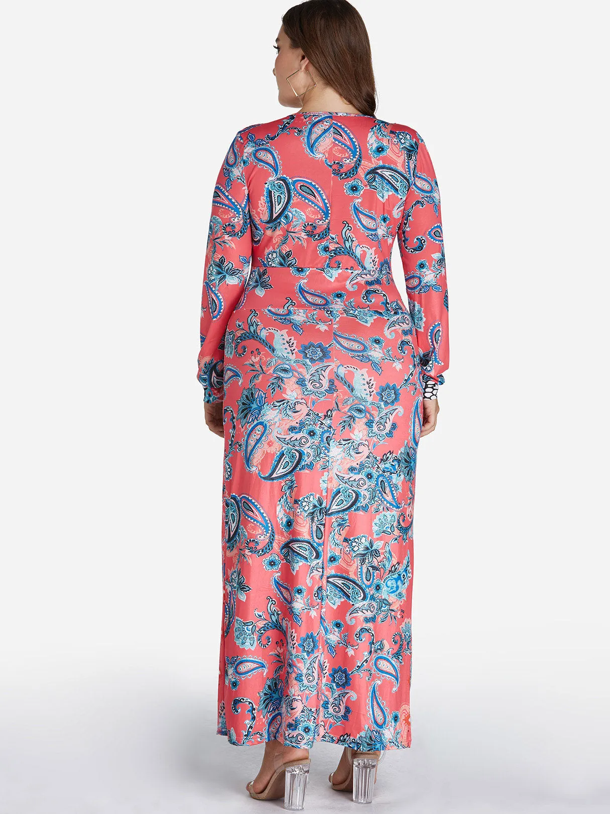 OEM ODM Deep V Neck Floral Print Long Sleeve Red Plus Size Maxi Dress