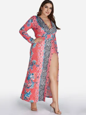 OEM ODM Deep V Neck Floral Print Long Sleeve Red Plus Size Maxi Dress