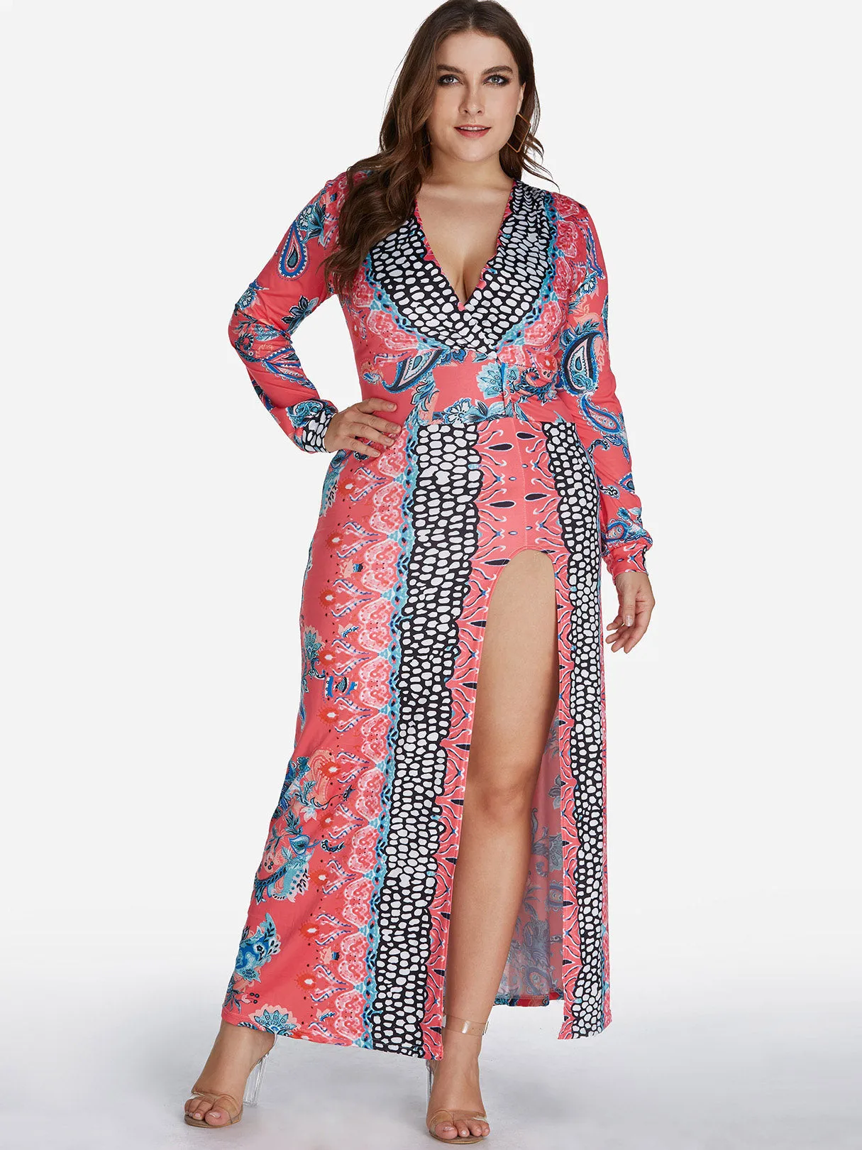 OEM ODM Deep V Neck Floral Print Long Sleeve Red Plus Size Maxi Dress