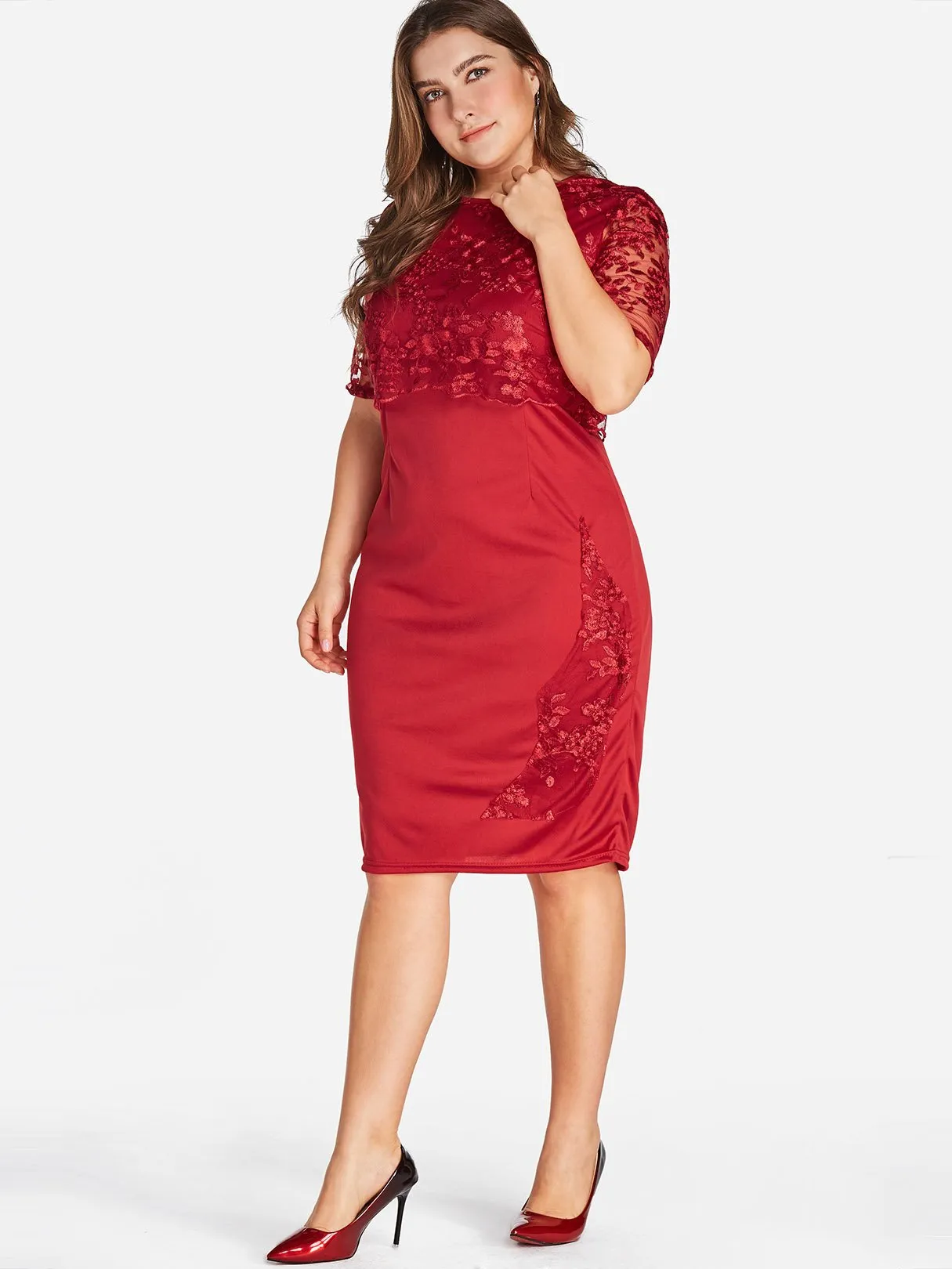 OEM ODM Lace Half Sleeve Bodycon Red Plus Size Dress