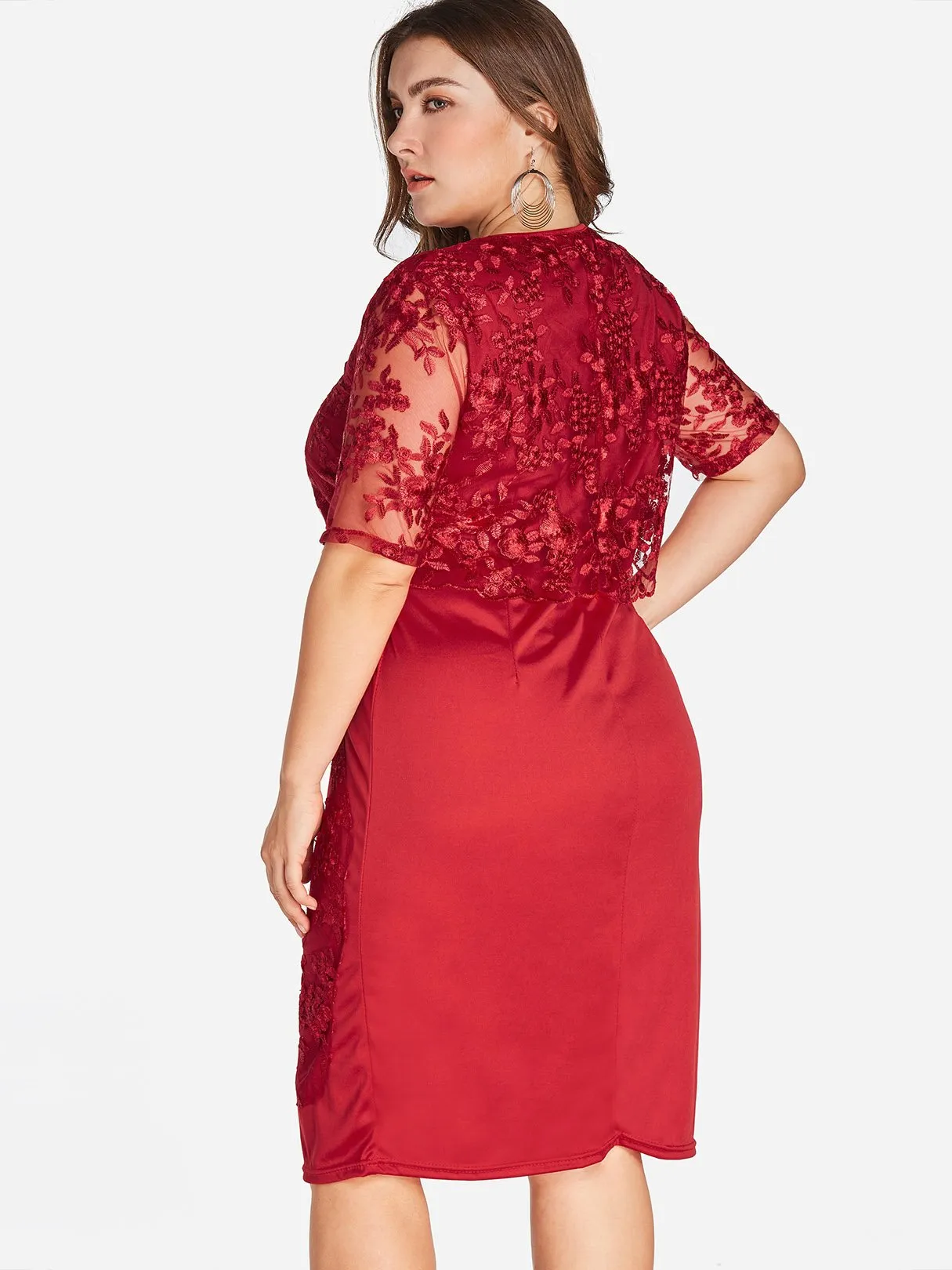 OEM ODM Lace Half Sleeve Bodycon Red Plus Size Dress